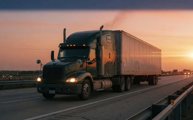 Tractor-trailer on a highway at dusk